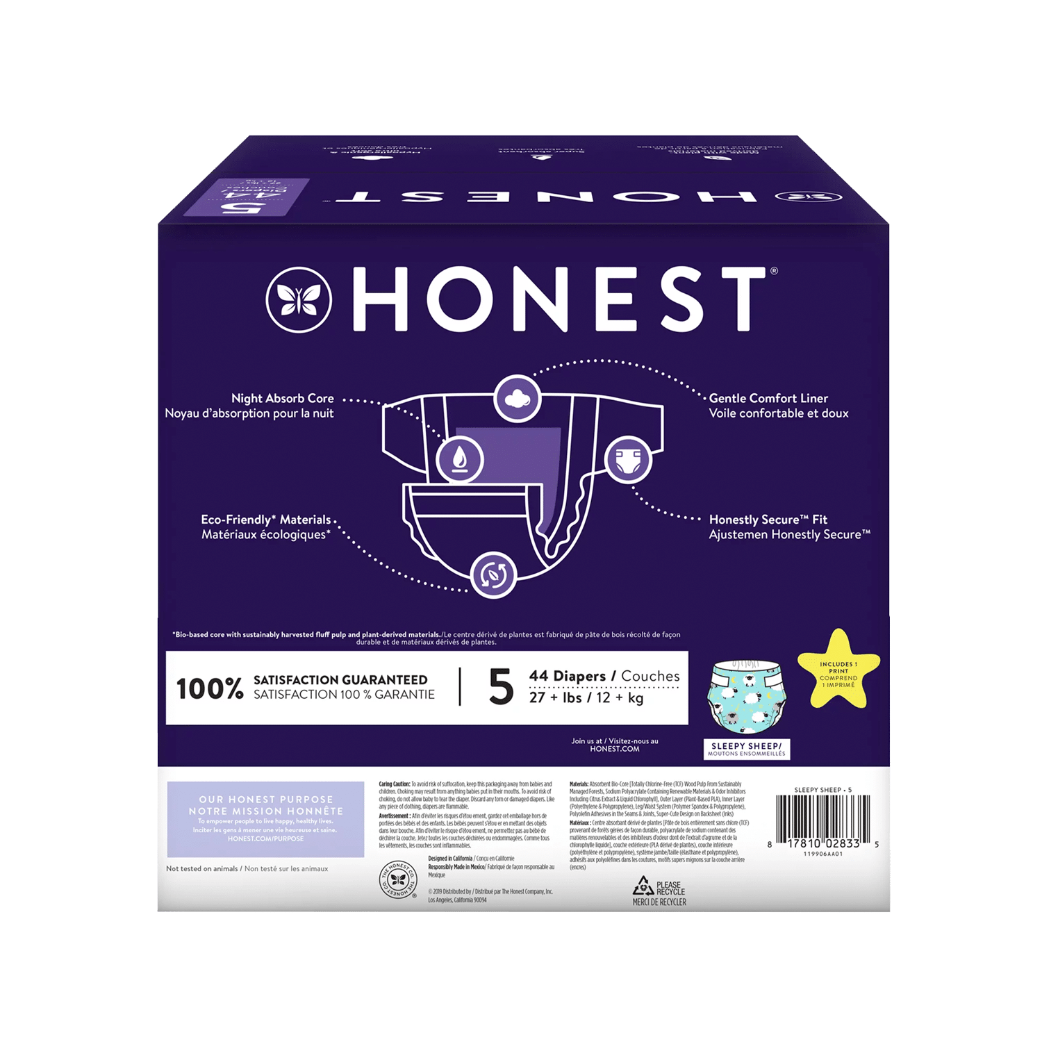 The Honest Company Overnight Baby Diapers, Sleepy Sheep, Size 5, 44 ct - Image 2